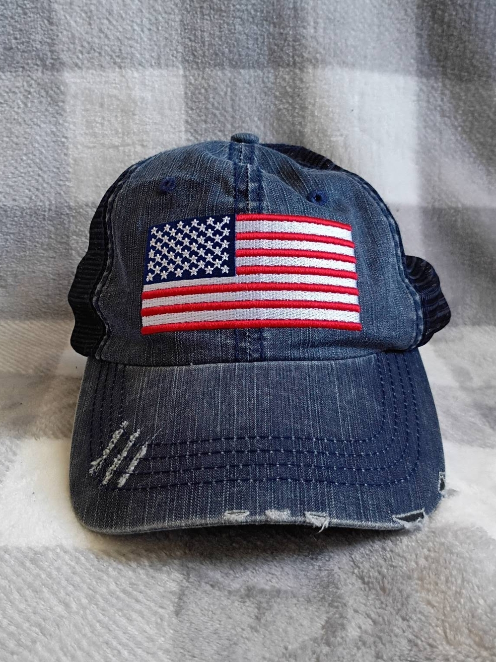 Distressed Denim Trucker Hat with American Flag Patch - Navy